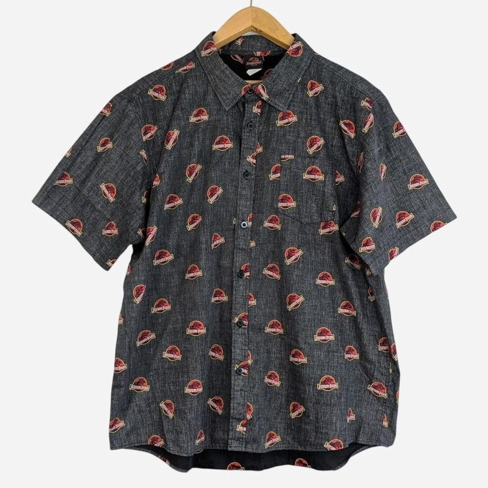 Jurassic Park All Over Logo Print Cotton Camp Shirt Gray XXL